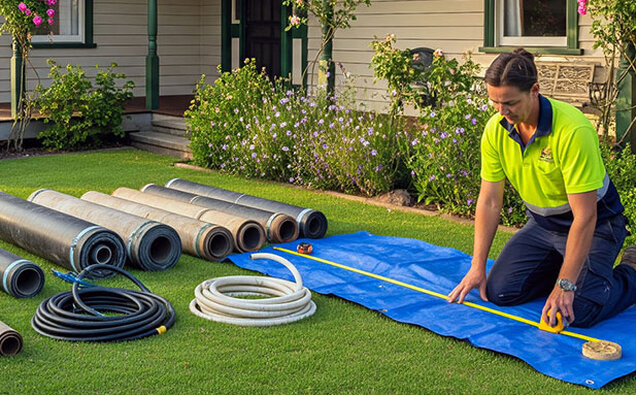 Plumber Measuring Blue Tarpaulin